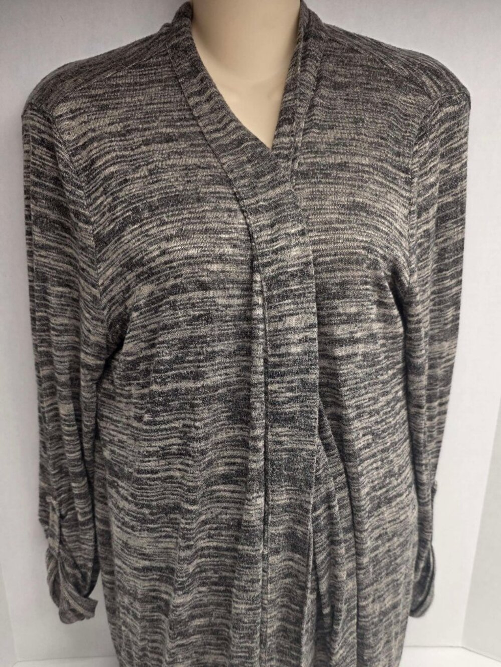 Laura Scott Grey Draped Open Front Cardigan Roll Tab Sleeve Size L
